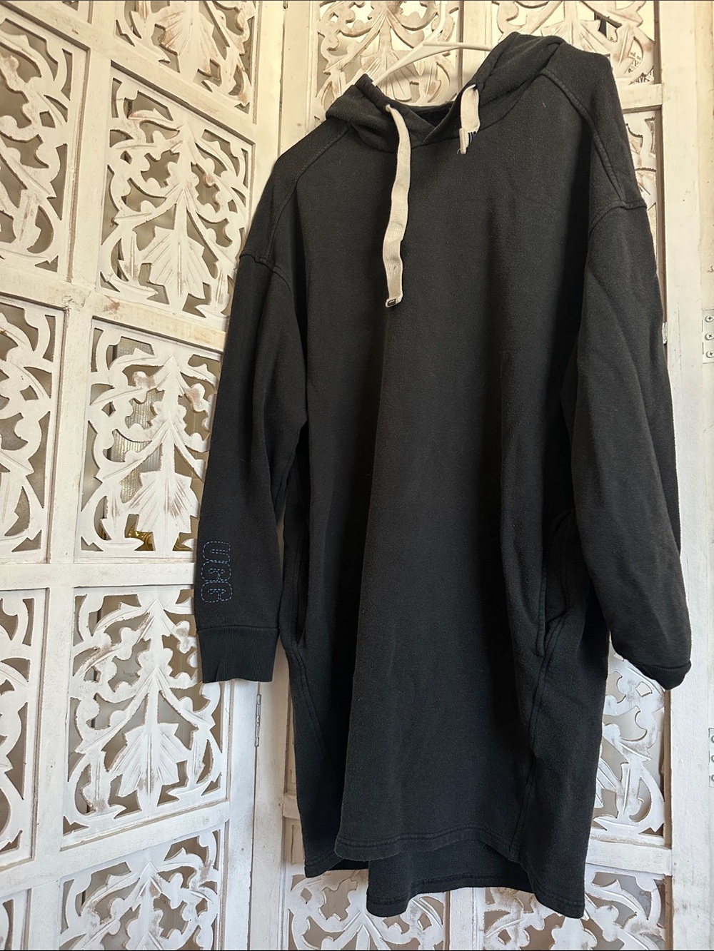 UGG Black Longline Hooded Sweatshirt Dress with Cream Drawcord